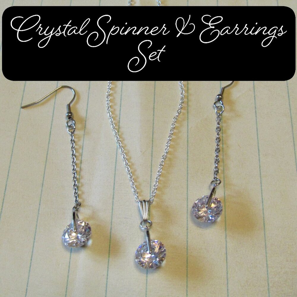 Crystal Round Gemstone Spinner Silvertone Pendant & Dangle Chain Earrings Set